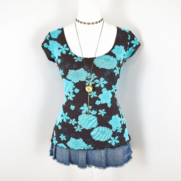 VTG 2000s Y2K INC Dark Brown & Blue Sheer Mesh Floral Rhinestone Top Size Small - Picture 1 of 5